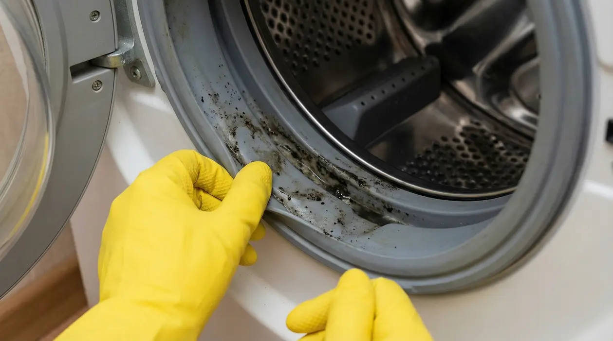 Guarnizione della lavatrice sporca di muffa controllata da mani con guanti gialli