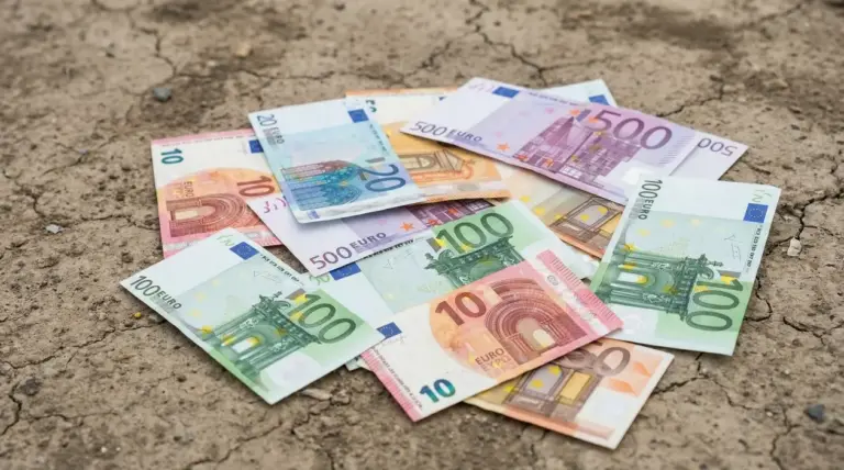 Banconote in euro sparse su una superficie di terra