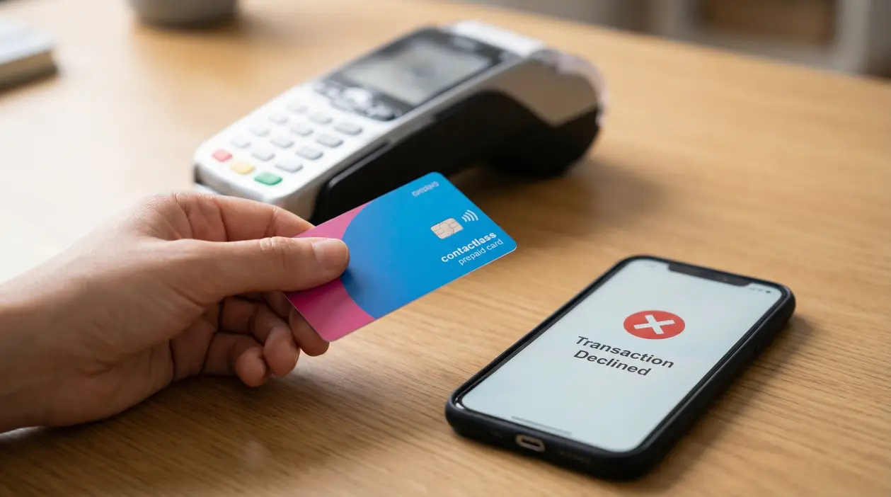 Mano tiene una carta prepagata vicino a un terminale di pagamento con un telefono che mostra transazione rifiutata