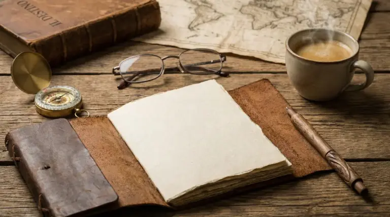 Taccuino aperto su tavolo di legno con bussola, occhiali, mappa e tazza di caffè