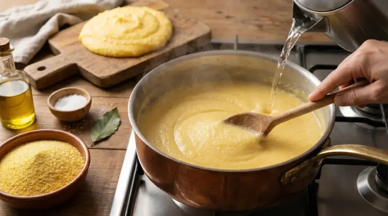 Preparazione della polenta in pentola con acqua bollente e farina di mais su un tavolo rustico