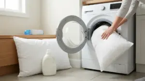 Una persona inserisce un cuscino bianco in una lavatrice frontale