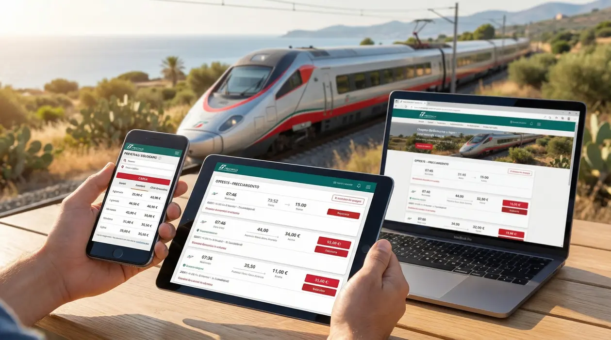 Una persona consulta orari e tariffe dei treni su smartphone, tablet e laptop con un treno Frecciargento sullo sfondo