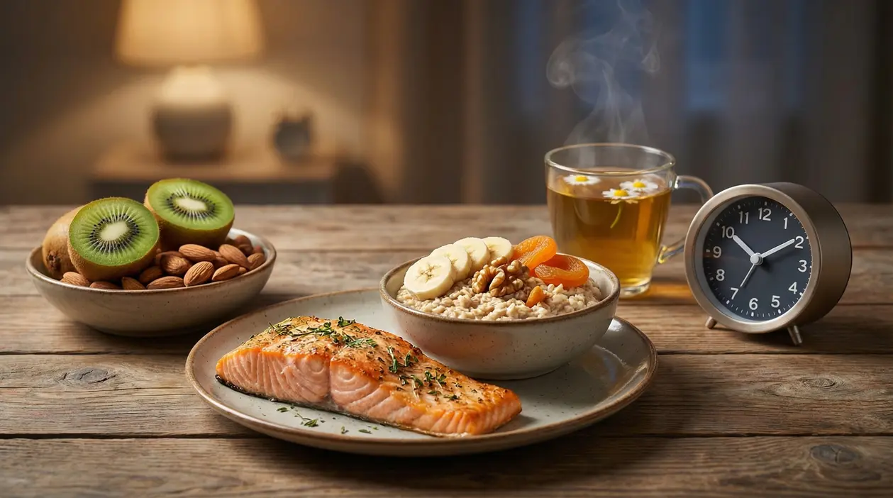 Cena con salmone, avena, frutta secca, kiwi e tisana rilassante su tavolo in legno