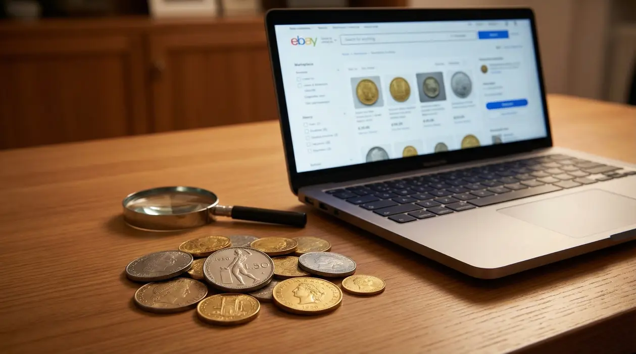 Monete di vario tipo su un tavolo accanto a un laptop aperto su un sito di vendita online