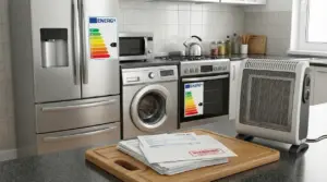 Elettrodomestici in cucina con etichette energetiche visibili accanto a bollette su un tagliere