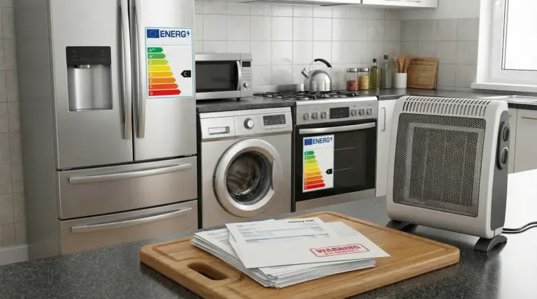 Elettrodomestici in cucina con etichette energetiche visibili accanto a bollette su un tagliere