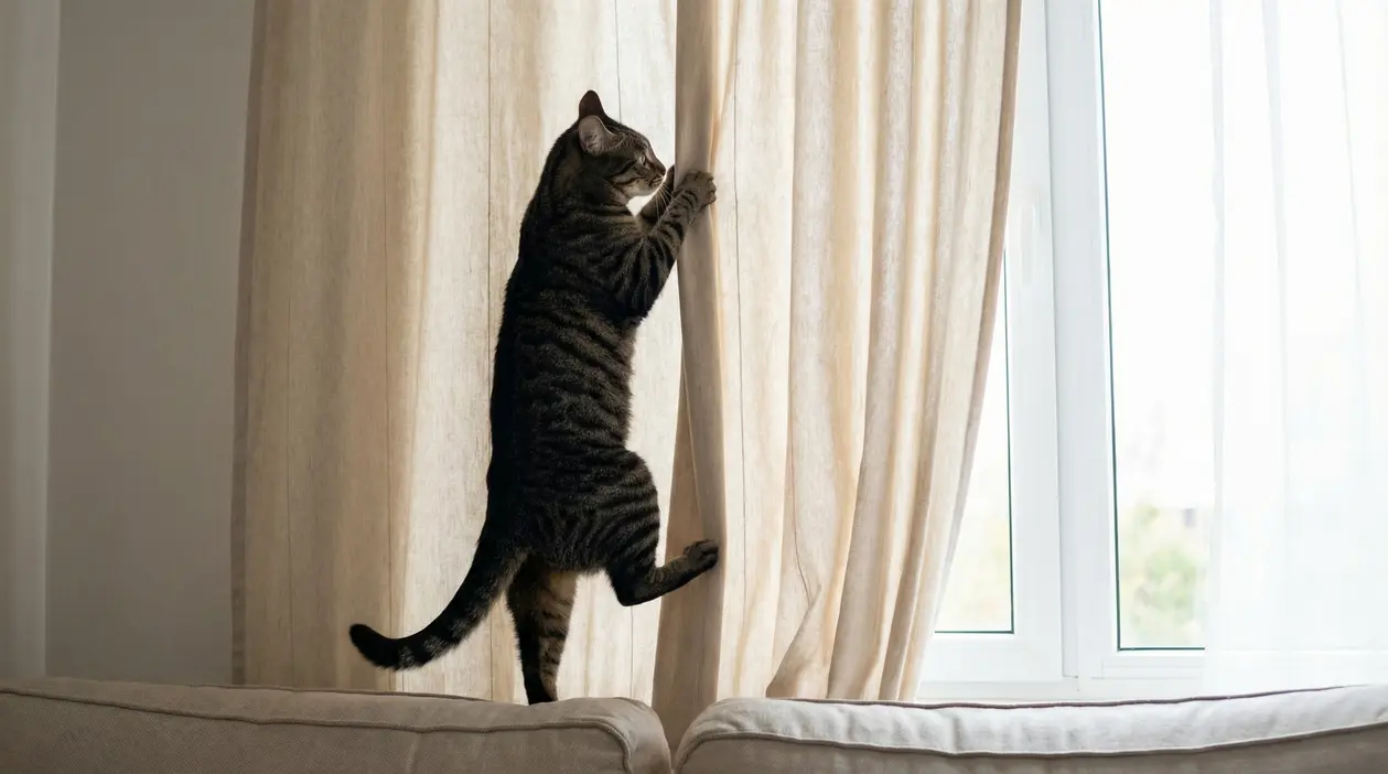 Gatto tigrato che si arrampica su una tenda chiara vicino a una finestra