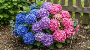 Ortensie di diversi colori con misuratori di pH del terreno nel giardino