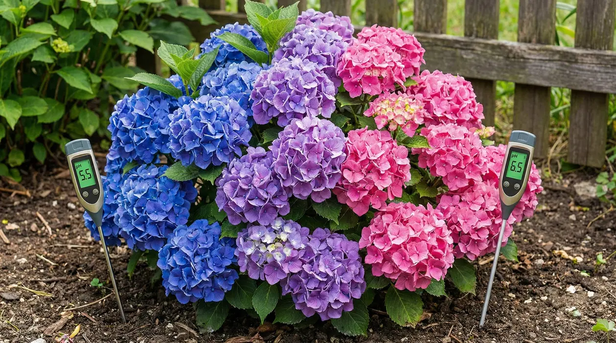 Ortensie di diversi colori con misuratori di pH del terreno nel giardino
