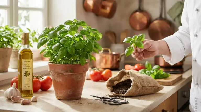 Una pianta di basilico in vaso su un piano cucina con una persona che ne raccoglie alcune foglie