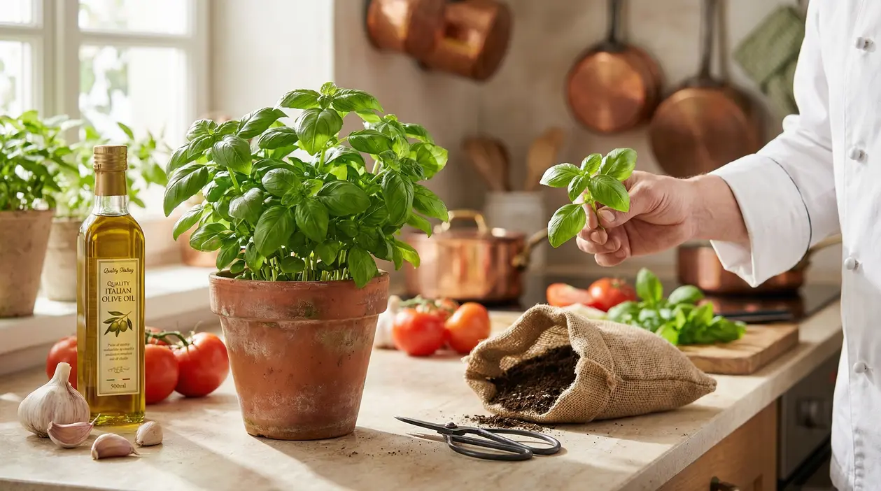 Una pianta di basilico in vaso su un piano cucina con una persona che ne raccoglie alcune foglie
