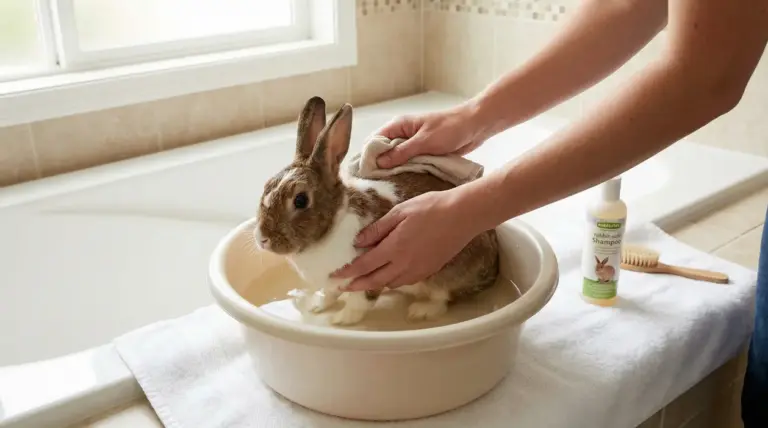 Un coniglio viene lavato delicatamente in una bacinella con un panno umido