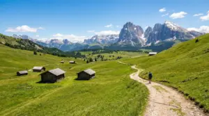 Persona che cammina su un sentiero tra prati verdi e baite con montagne sullo sfondo