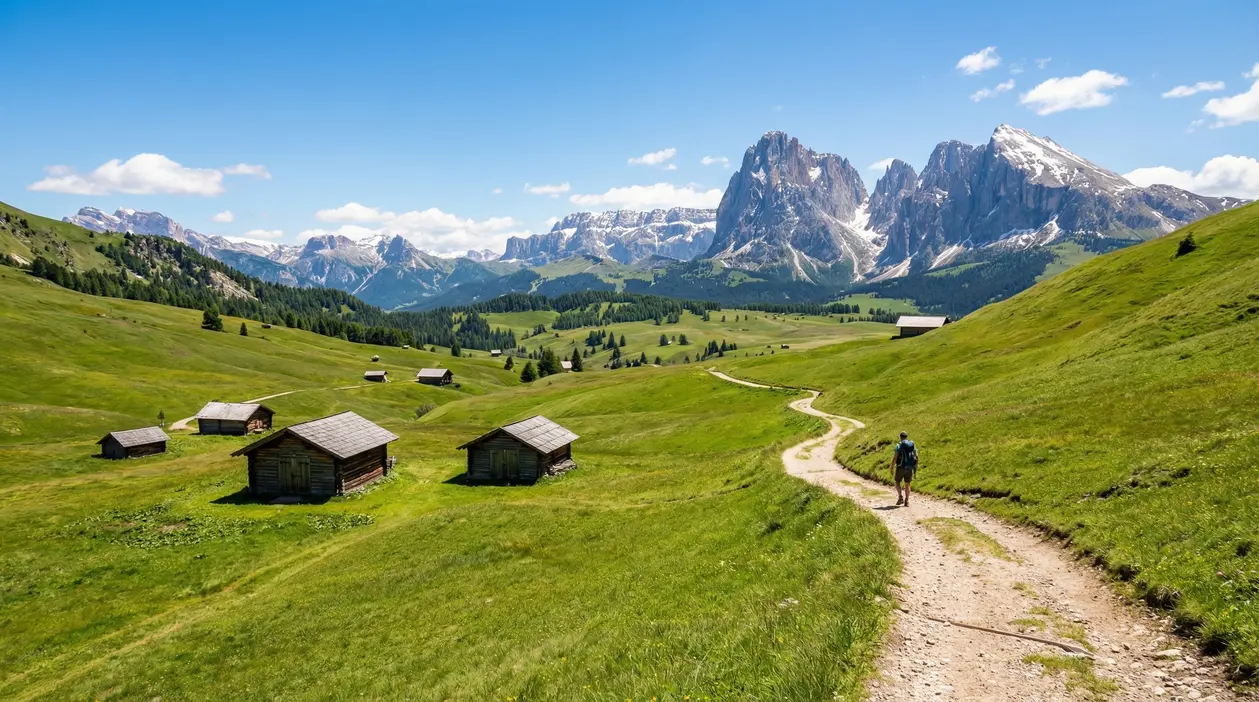 Persona che cammina su un sentiero tra prati verdi e baite con montagne sullo sfondo