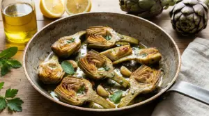 Padellata di carciofi alla romanesca con aglio, olio e prezzemolo in una padella di metallo