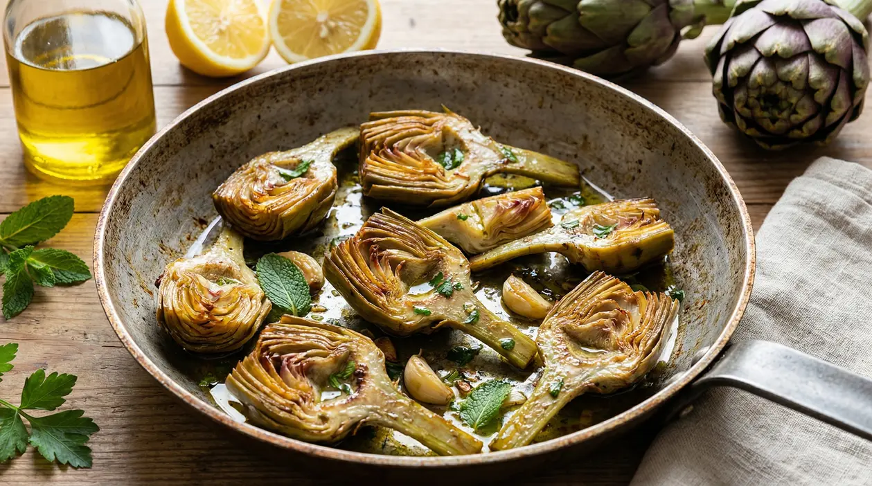 Padellata di carciofi alla romanesca con aglio, olio e prezzemolo in una padella di metallo