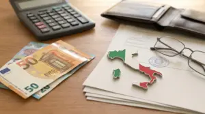 Banconote in euro, una calcolatrice e una sagoma dell'Italia su documenti su un tavolo