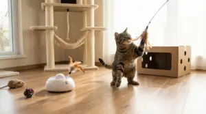 Gatto domestico che gioca con un gioco interattivo con piume in un salotto luminoso