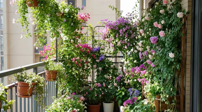 Balcone fiorito con rampicanti colorati come rose, bouganville e altre piante in vaso