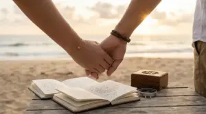 Due persone si tengono per mano su una spiaggia accanto a un tavolo con libri di astrologia