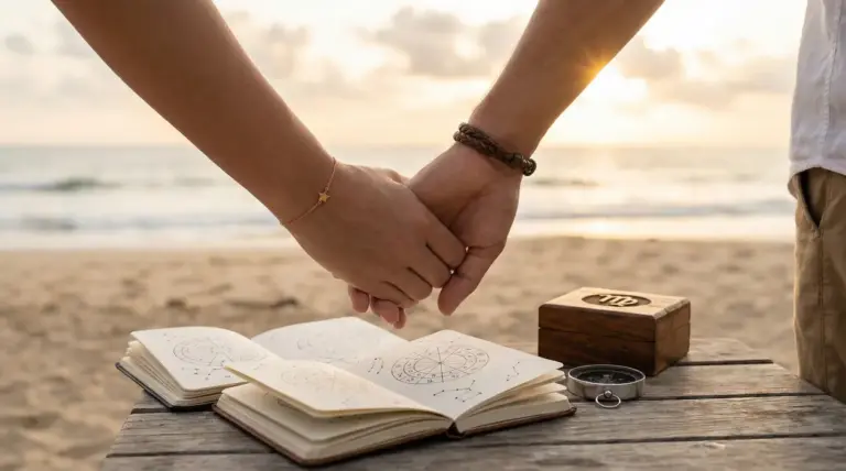 Due persone si tengono per mano su una spiaggia accanto a un tavolo con libri di astrologia