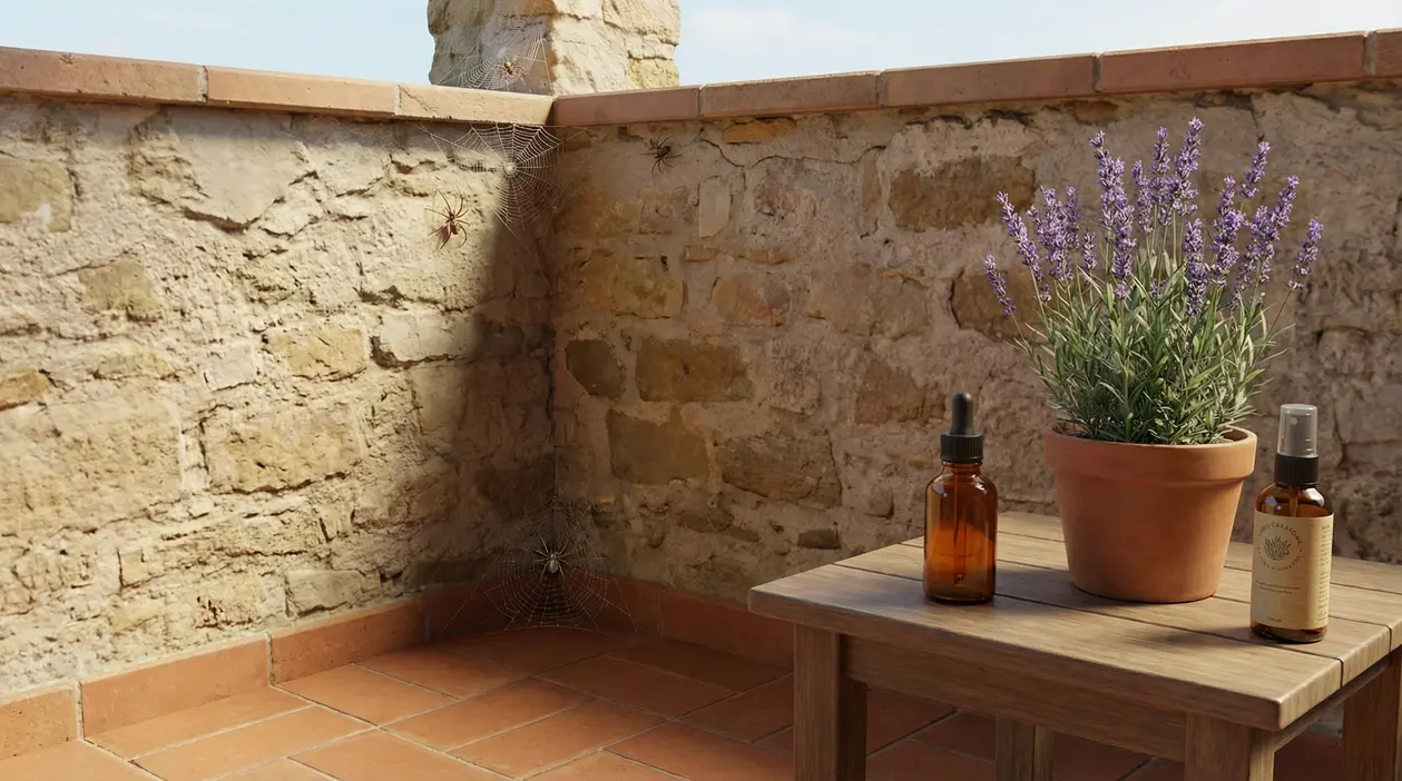 Vaso di lavanda su tavolino in veranda con flaconi di rimedio naturale e ragnatele negli angoli