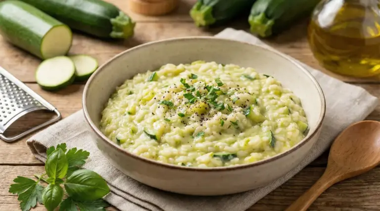 Risotto alle zucchine cremoso servito in una ciotola su un tavolo rustico con ingredienti freschi