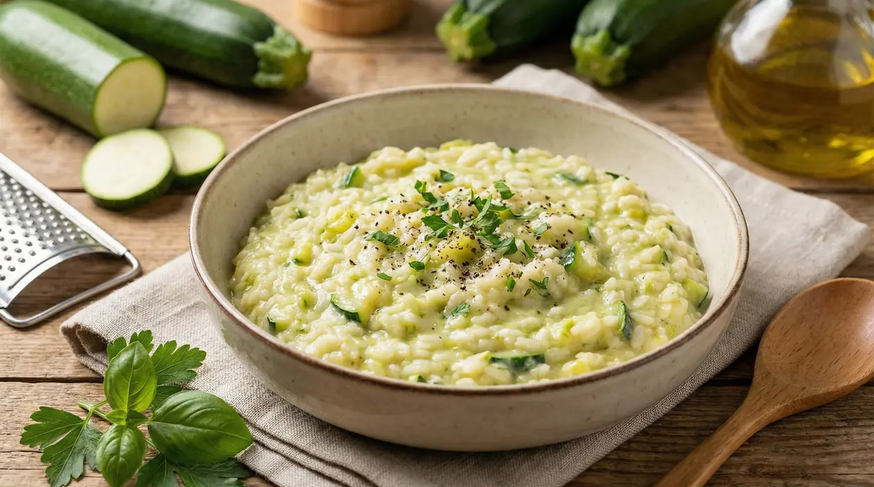 Risotto alle zucchine cremoso servito in una ciotola su un tavolo rustico con ingredienti freschi