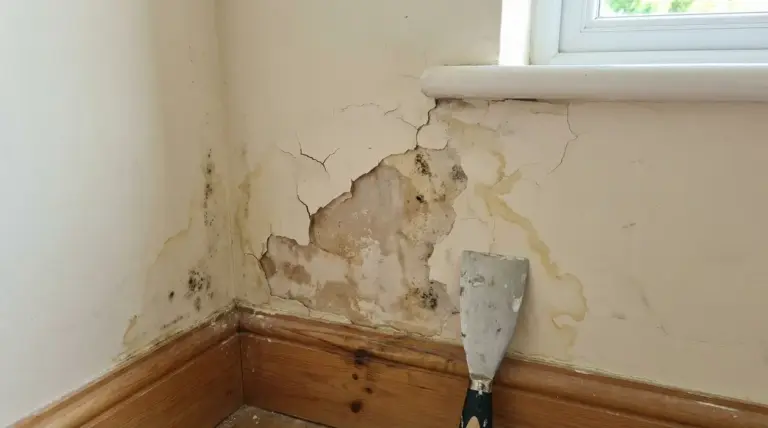 Muro interno danneggiato da umidità e muffa vicino a una finestra