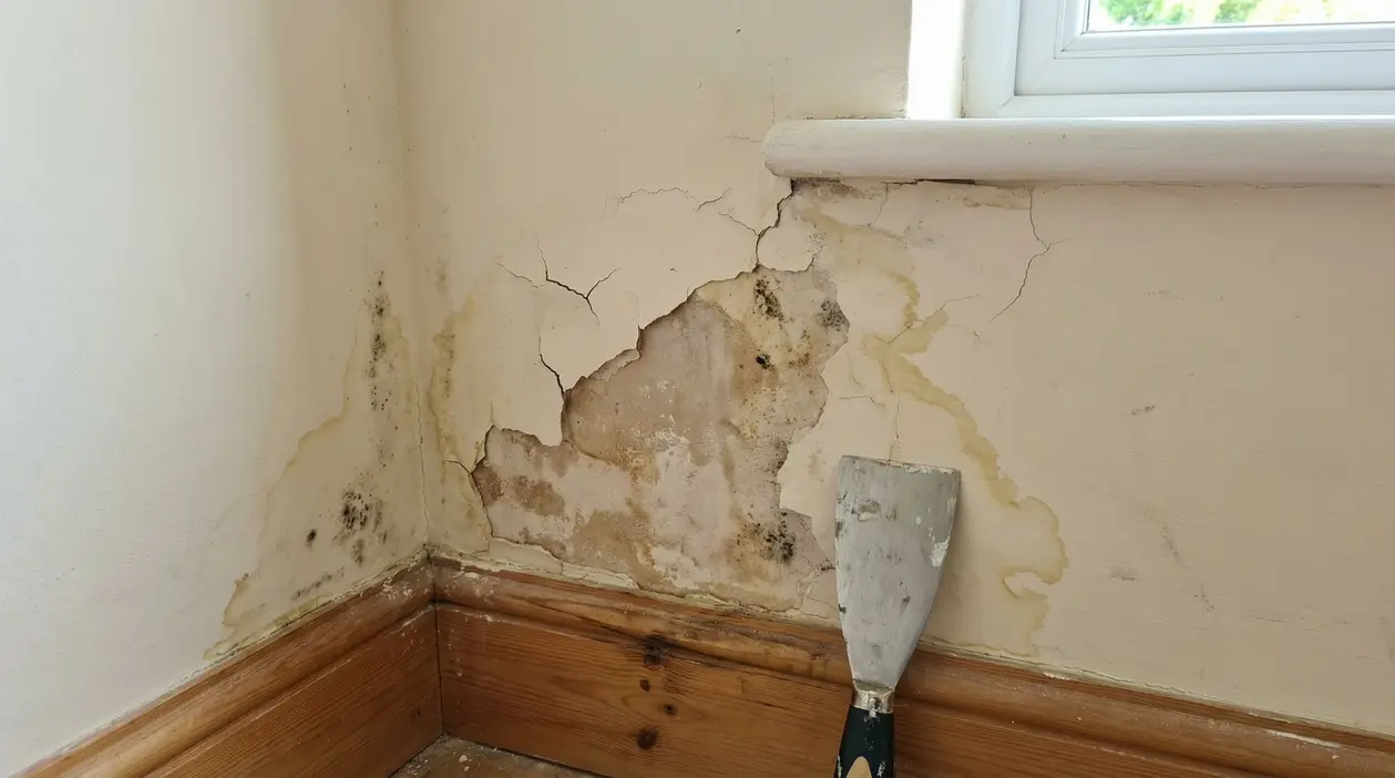 Muro interno danneggiato da umidità e muffa vicino a una finestra