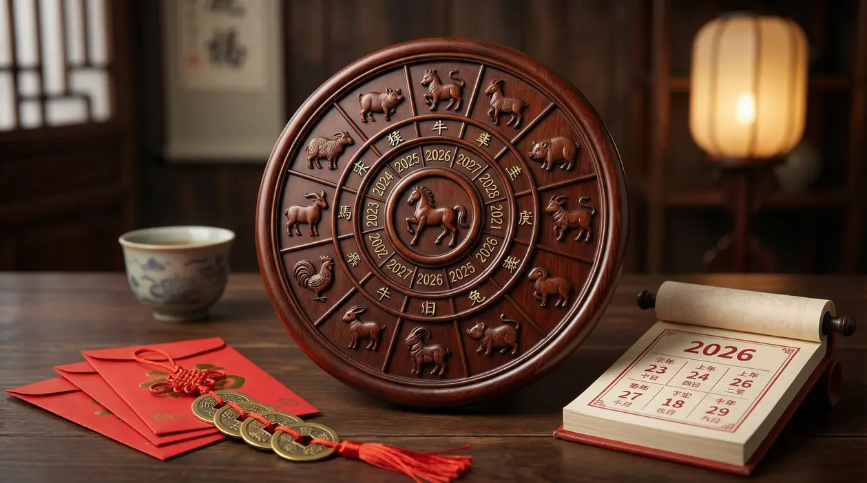 Ruota in legno con i dodici segni zodiacali cinesi e calendario del 2026 su un tavolo