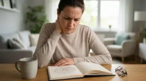 Persona che osserva con attenzione un libro di astrologia aperto su un tavolo