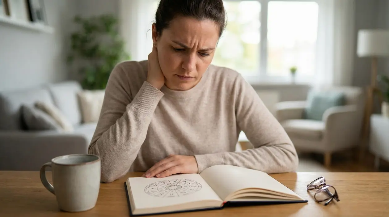 Persona che osserva con attenzione un libro di astrologia aperto su un tavolo