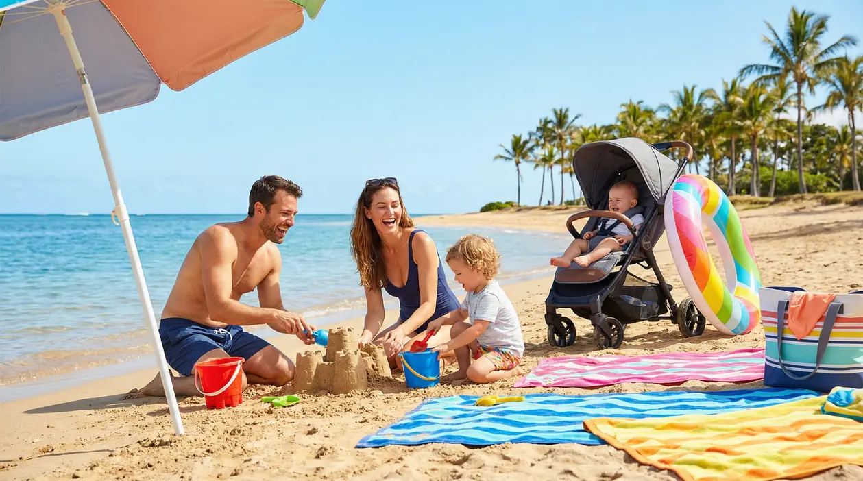 Famiglia con bambini piccoli che gioca sulla spiaggia sotto un ombrellone colorato